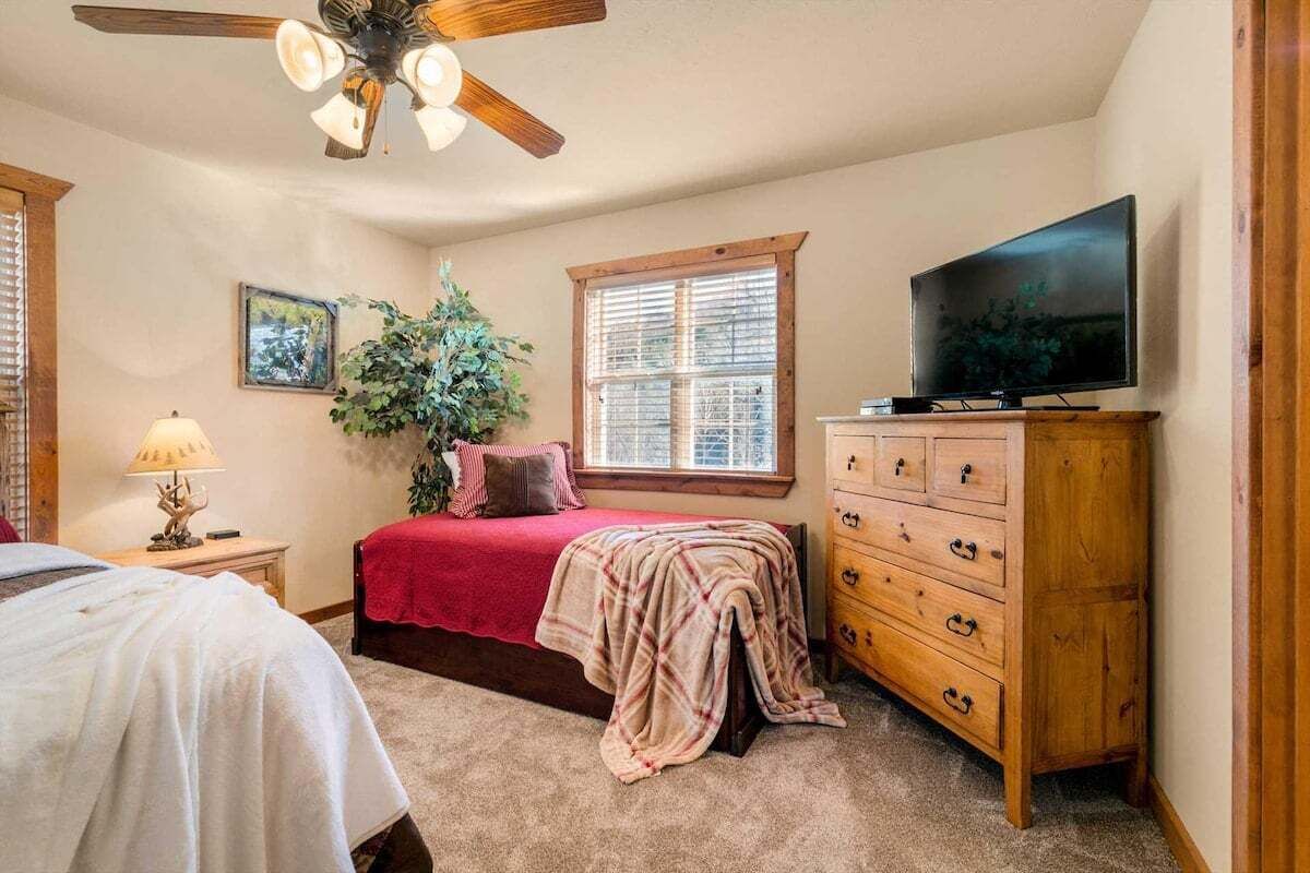 A bedroom with a bed, a dresser, a television, a ceiling fan, a window, and a plant.