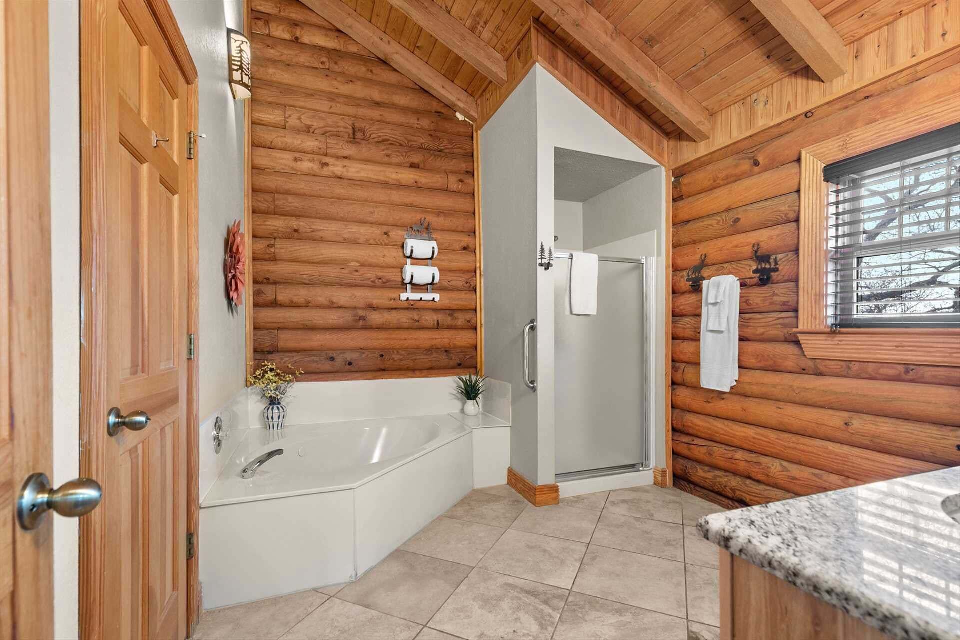 A bathroom with a wooden wall, a bathtub, a shower, and a window with a view.