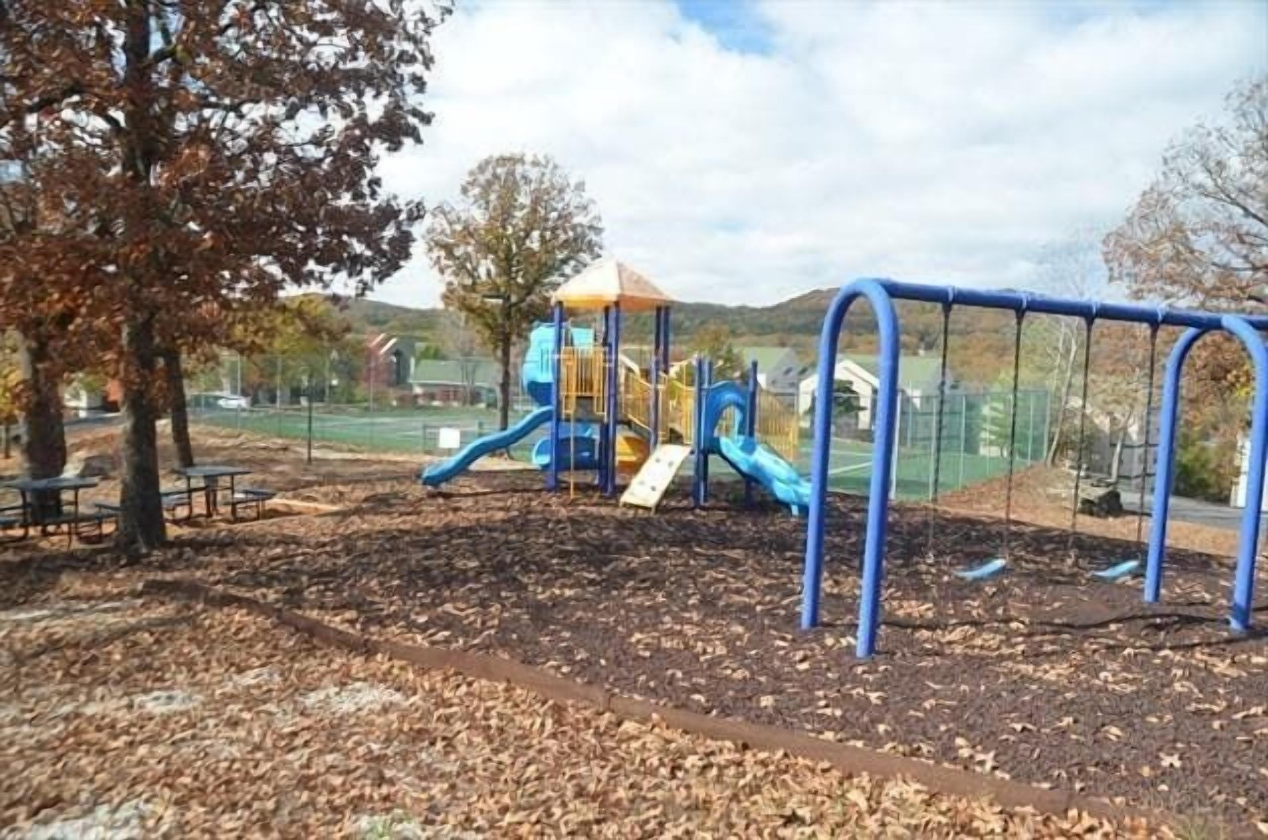 Un'area giochi con uno scivolo blu e altalene, circondata da alberi e un campo sportivo.