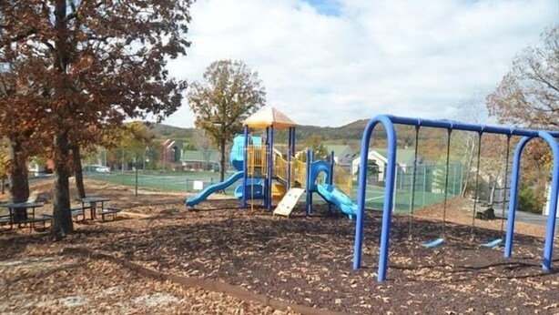 Un parque infantil con un tobogán azul y columpios, rodeado de árboles y un campo deportivo.