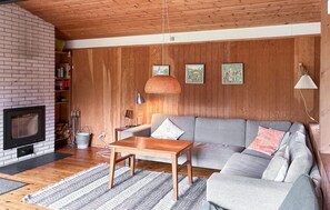 Ein Wohnzimmer mit Kamin, Holzwänden, einem grauen Sofa, einem Holztisch und einem Streifen Teppich.