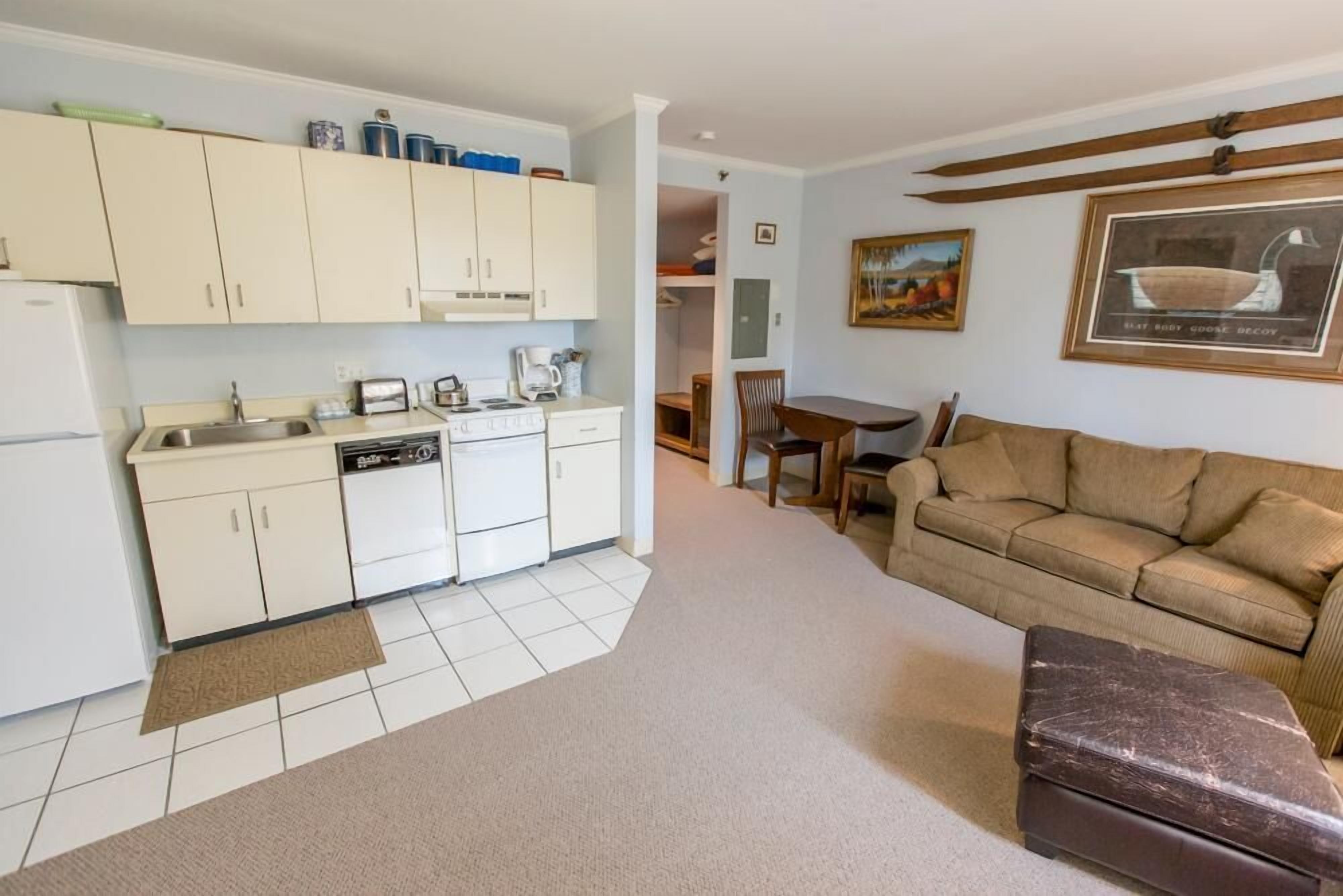 A compact living space with a kitchenette, a sofa, a dining table, and a framed picture on the wall.