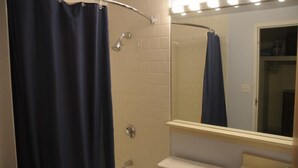 A bathroom with a shower curtain, a handheld showerhead, a mirror, and a lighted vanity area.