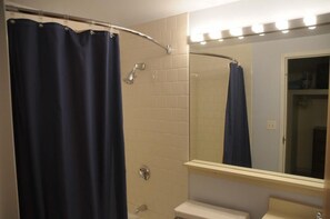 A bathroom with a shower curtain, a handheld showerhead, a mirror, and a lighted vanity area.