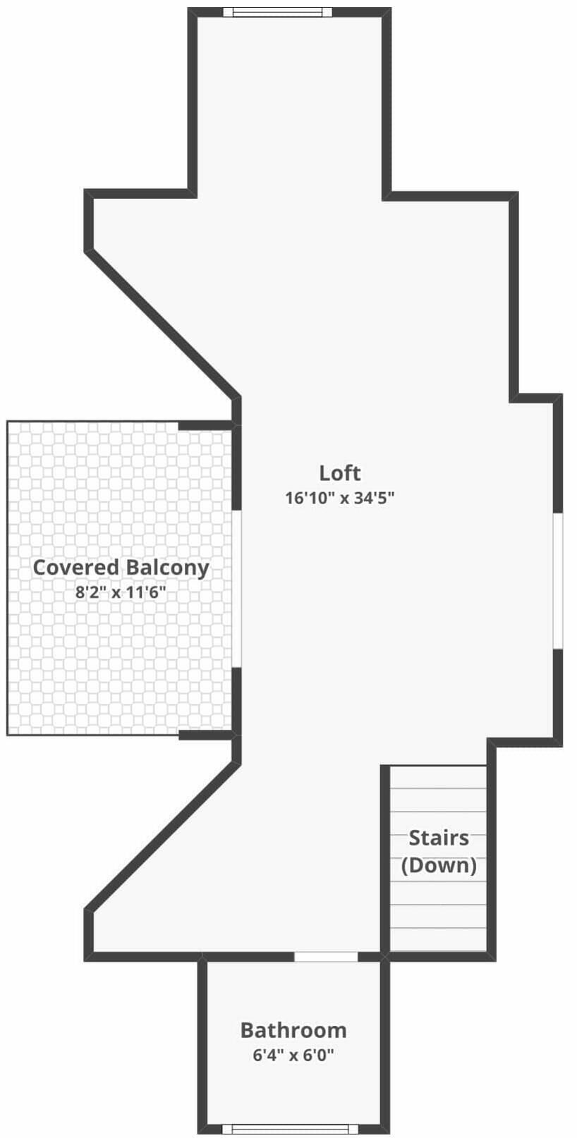 A floor plan with a covered balcony, a loft, stairs leading down, and a bathroom.