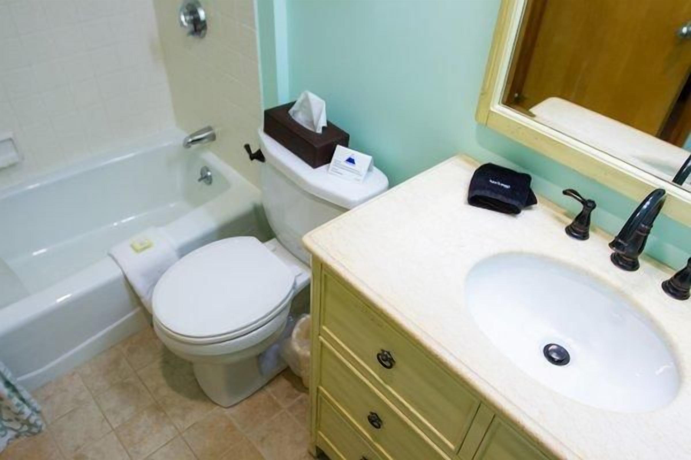 A bathroom with a bathtub, toilet, sink, and mirror.