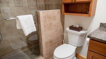 Un baño con ducha, inodoro y toallero.