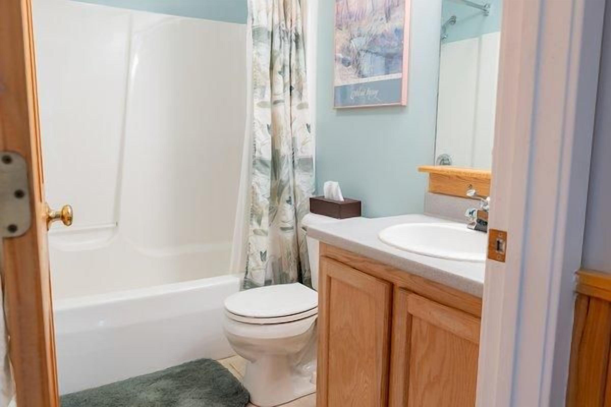 Une salle de bain avec une baignoire, des toilettes et un lavabo, le tout agrémenté de meubles en bois.