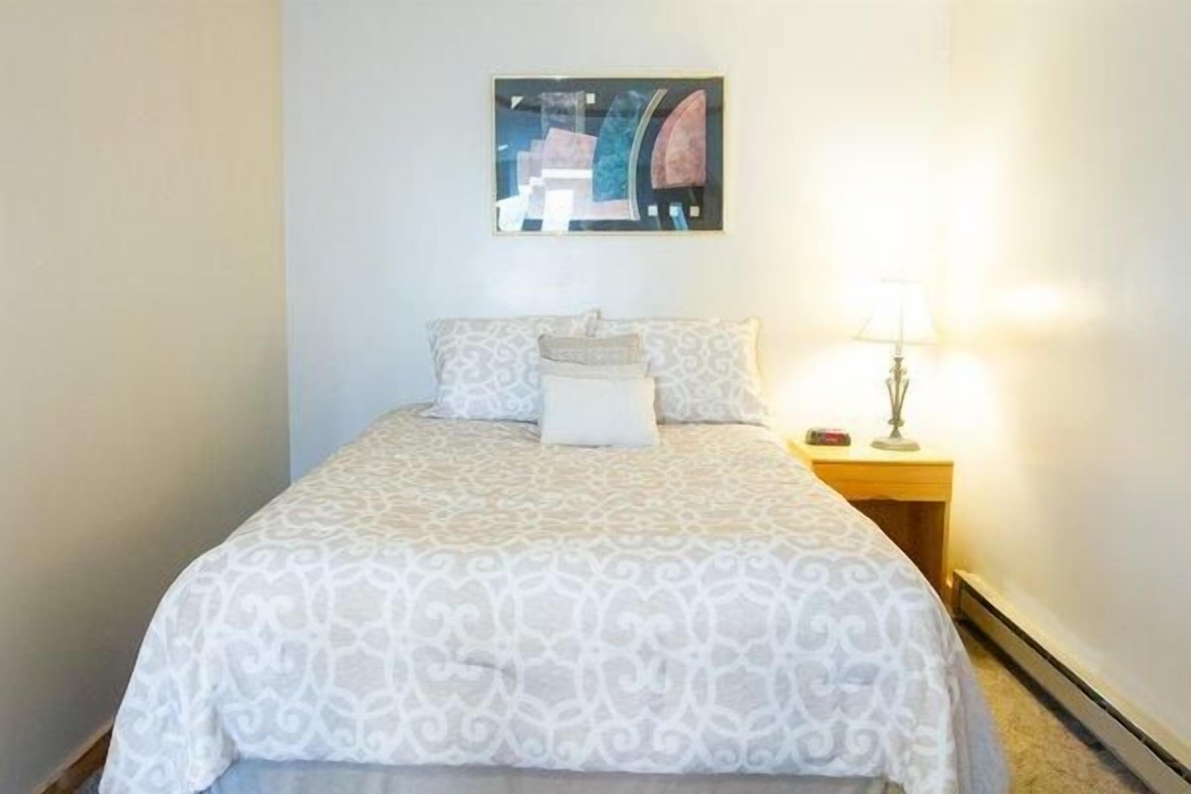 Una cama con colcha estampada, una lámpara de noche y un cuadro en la pared.
