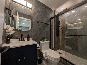 A modern bathroom with a glass-enclosed shower, a white toilet, and a dark vanity with a mirror. - Near Battery Games Firepit Kitchen Laundry Patio (Smyrna)