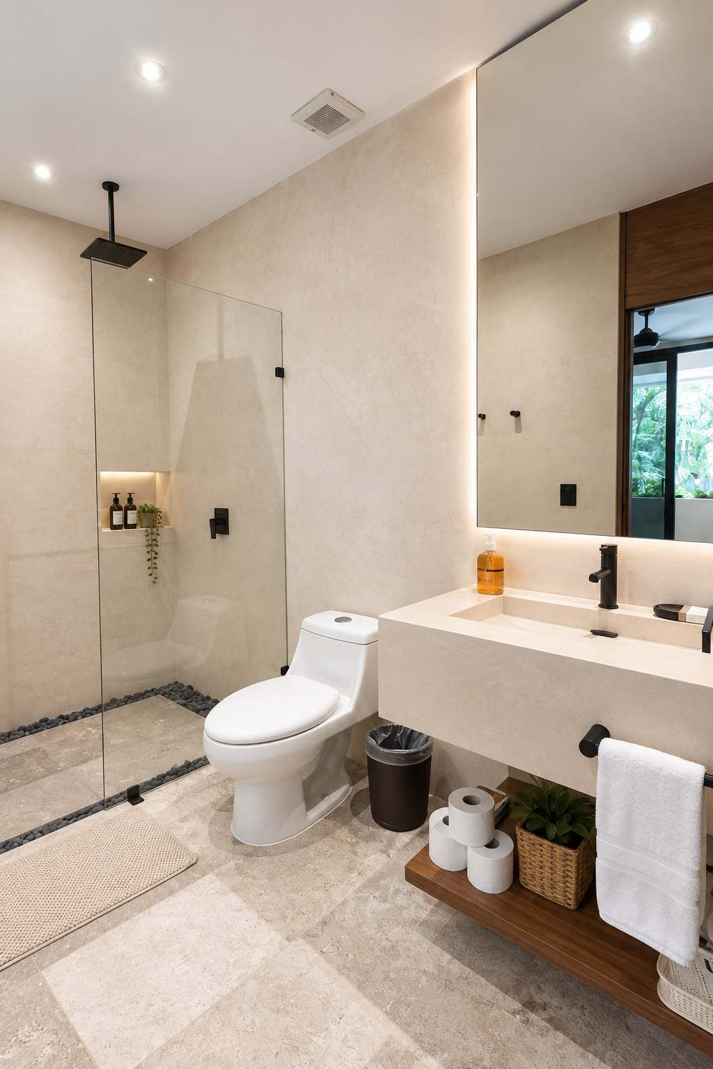 A modern bathroom with a toilet, shower, and sink.