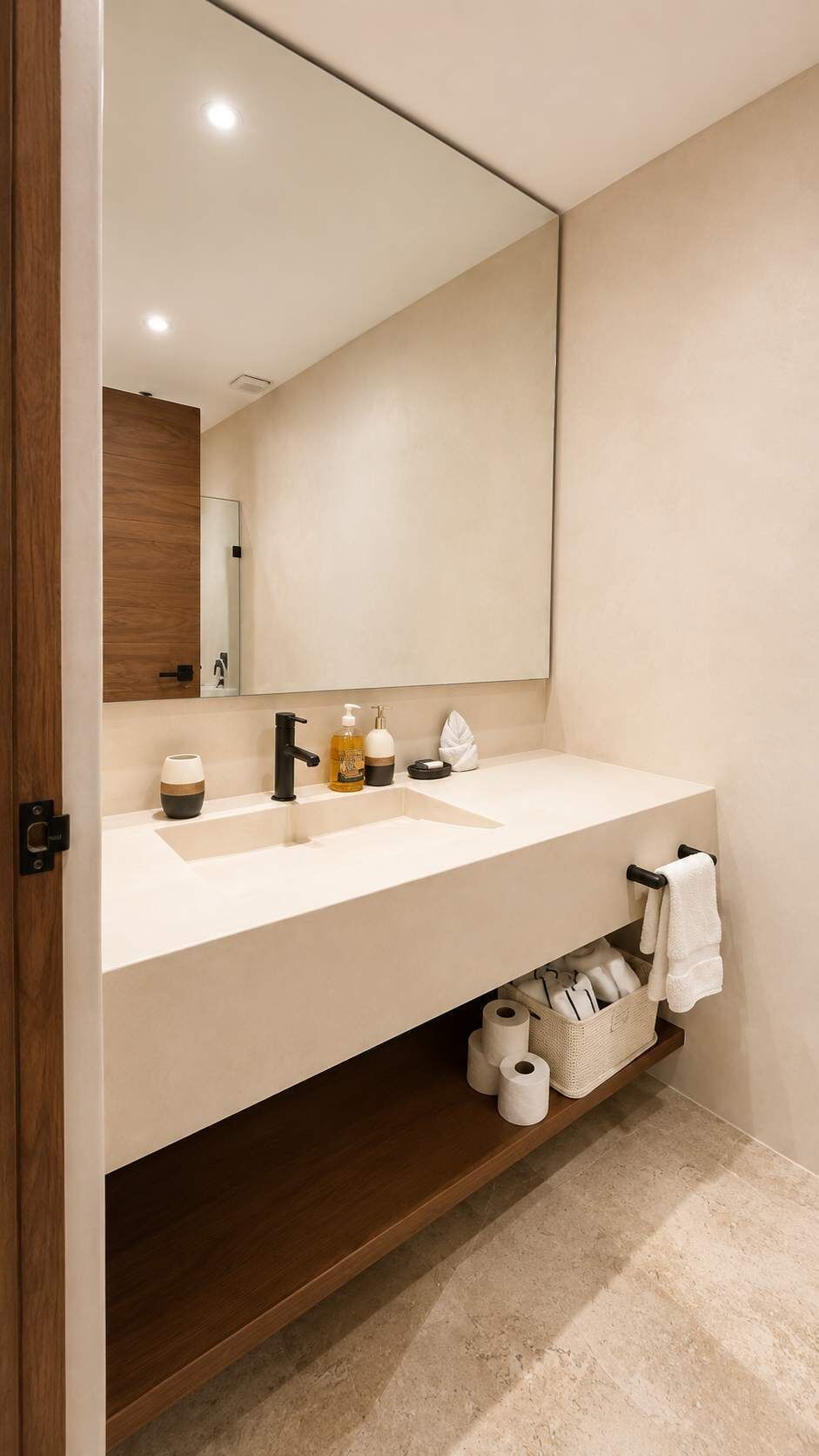 Un baño moderno con un espejo grande, un lavamanos y un estante con toallas y artículos de aseo.