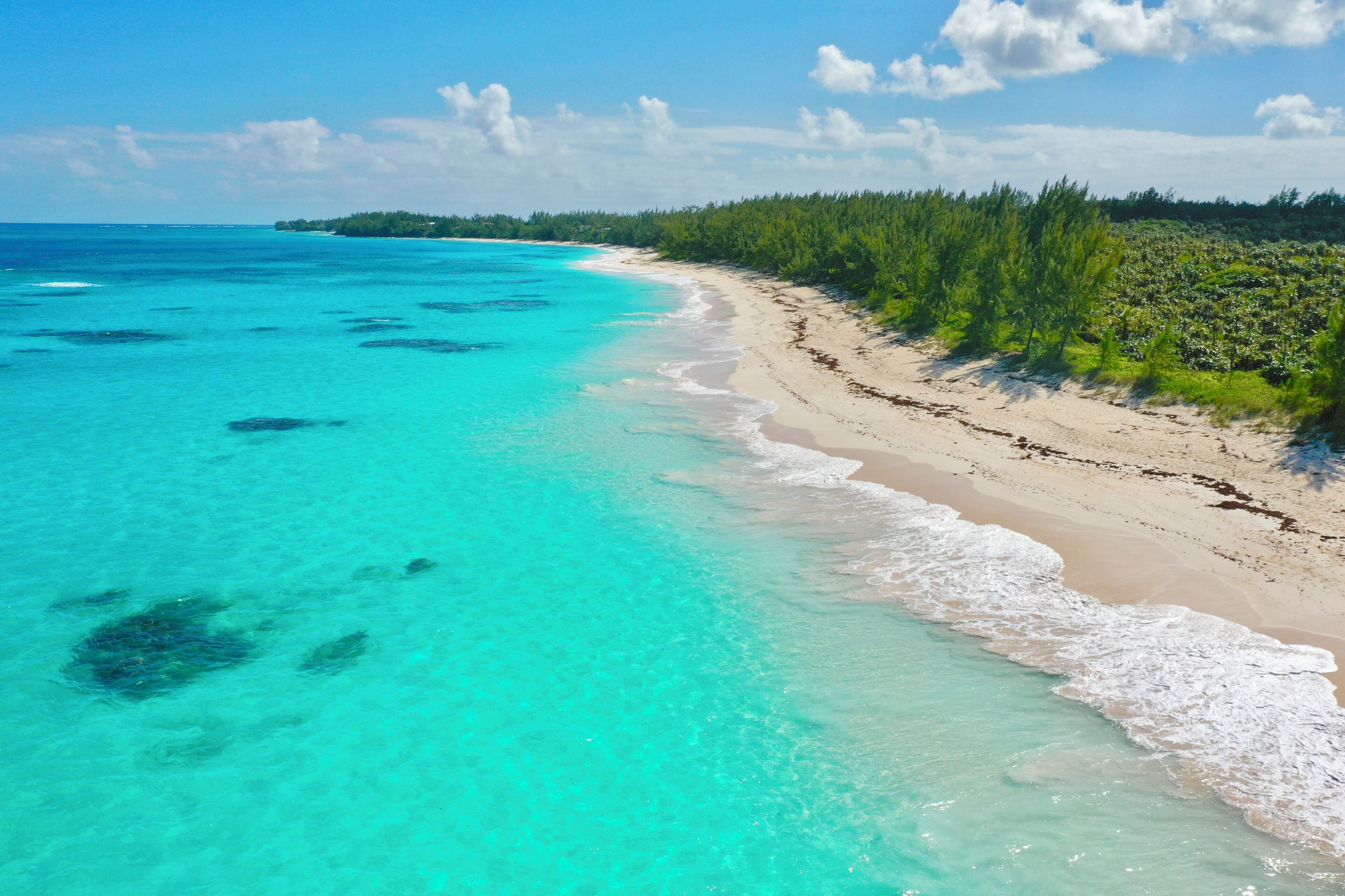 Une plage aux eaux turquoise et limpides, bordée d’un rivage sablonneux.