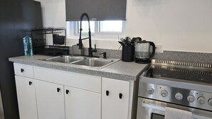 A modern kitchen with a double sink, stainless steel appliances, and a window above the sink. - Brand New Beach Cottage with Pool, Walk to La Bougainvillea Restaurant and Bar (Governor's Harbour)