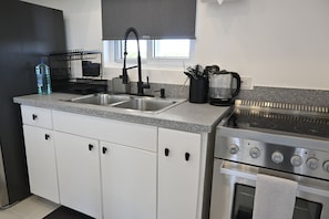 A modern kitchen with a double sink, stainless steel appliances, and a window above the sink. - Brand New Beach Cottage with Pool, Walk to La Bougainvillea Restaurant and Bar (Governor's Harbour)