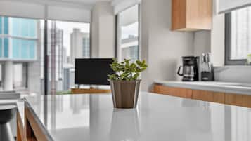 A modern kitchen with a large window, a flat-screen TV, and a potted plant on the counter.