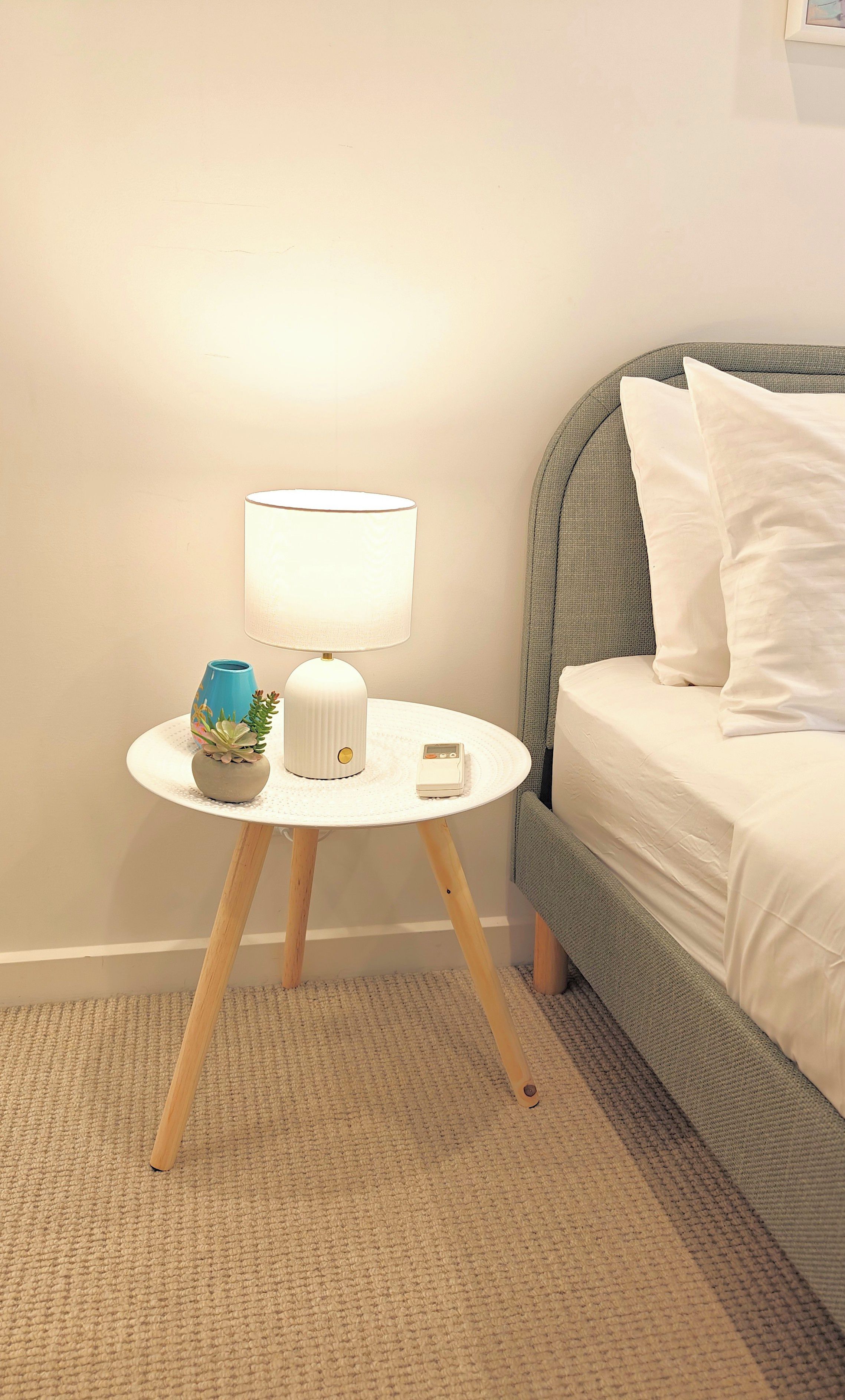 A neatly arranged bedroom with a bed, a bedside table with a lamp, a small plant, and a remote control.