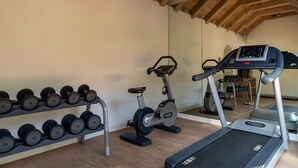 Una palestra con tapis roulant, ellittiche e un espositore di manubri.