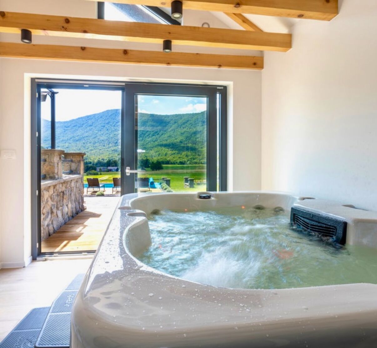 A hot tub in a room with a view of a mountainous landscape through a glass door.