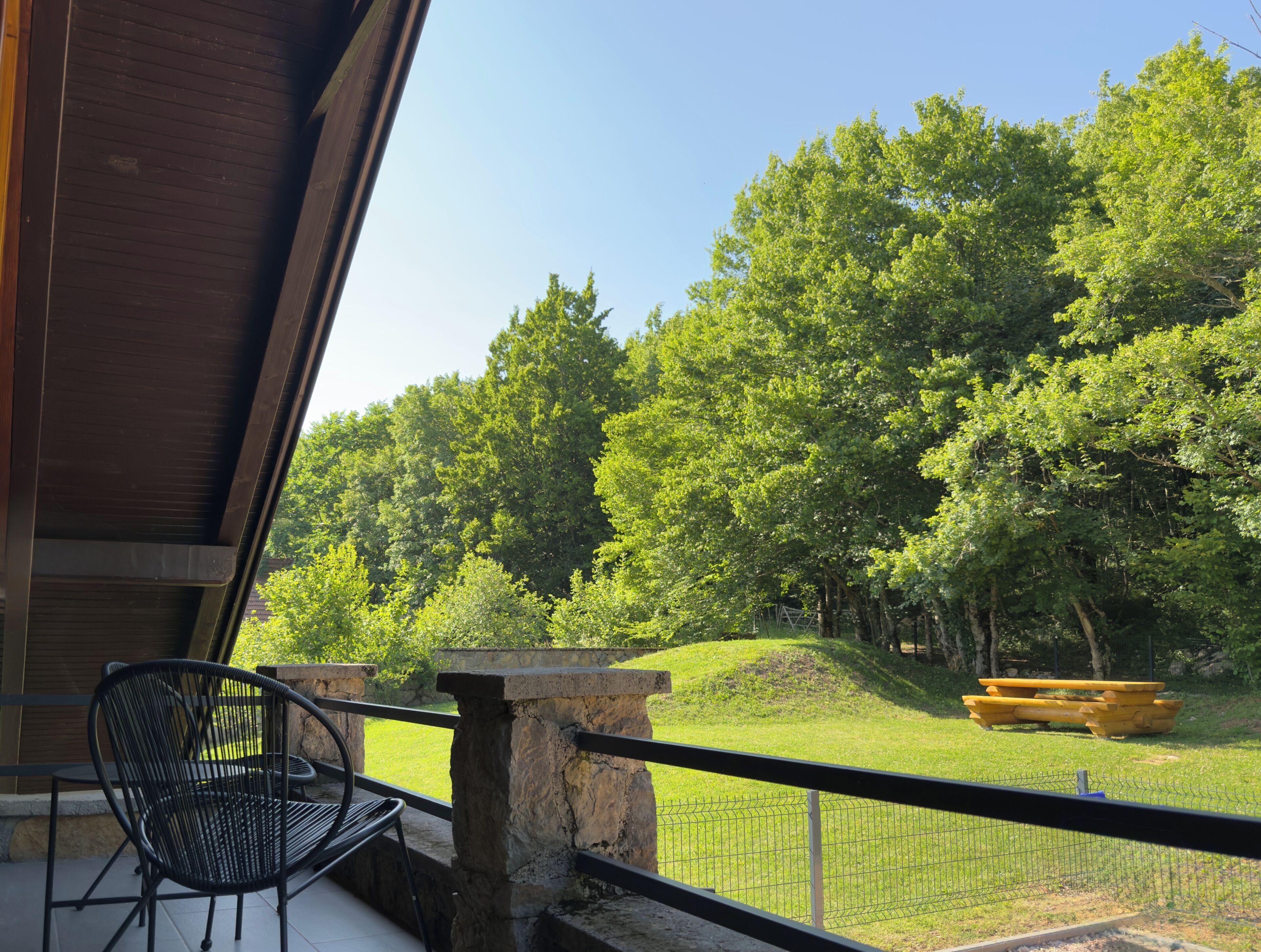 A balcony with a view of a grassy area and trees.