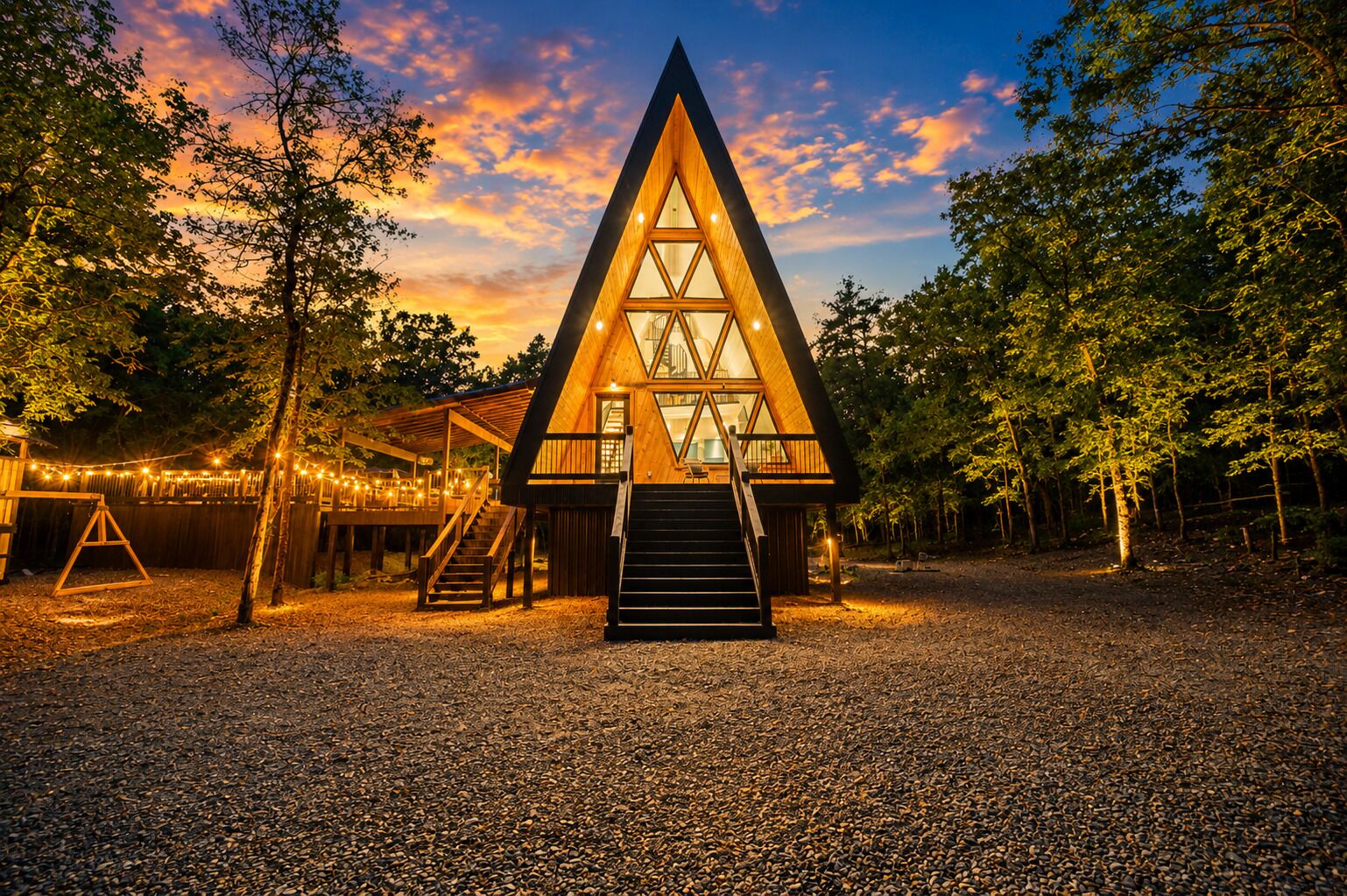 Eine dreieckige Holzhütte mit einer Treppe, die zum Eingang führt, umgeben von Bäumen und Kies.