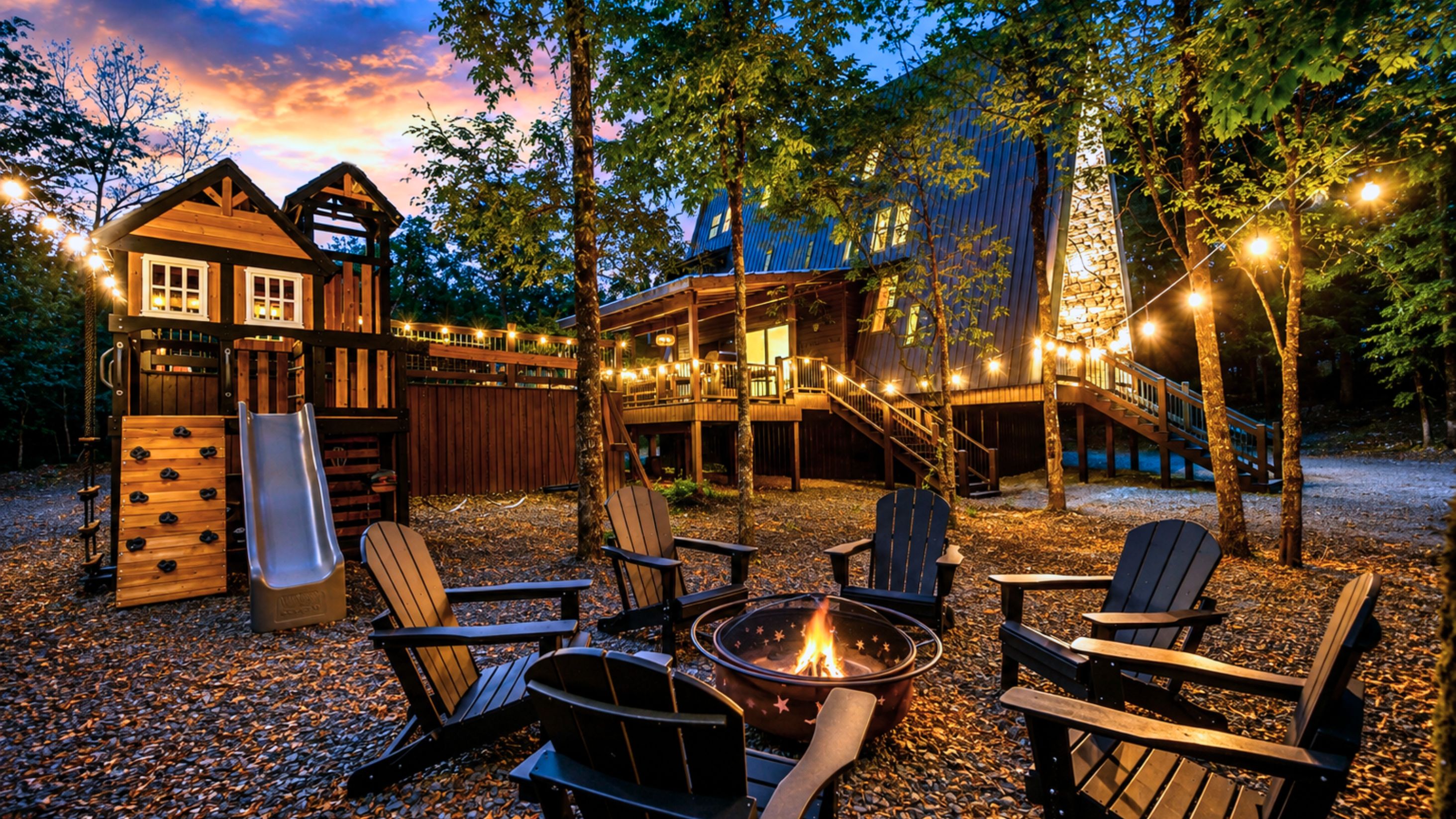 Une cabane en bois dotée d’une terrasse, d’un foyer et de sièges d’extérieur.