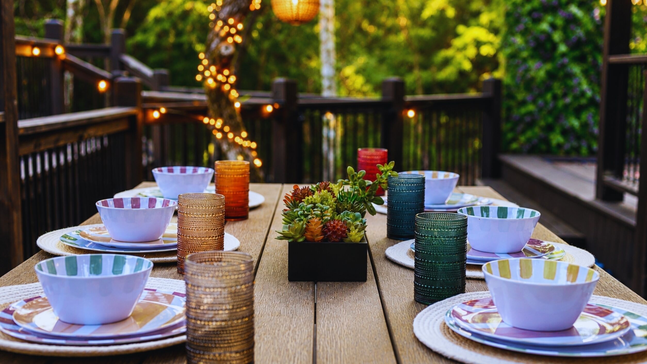 A wooden table set with striped bowls, glassware, and a small potted plant.