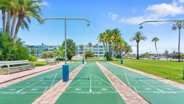 Ein Shuffleboardfeld mit grüner Spielfläche, umgeben von Palmen und einem wolkenlosen Himmel.