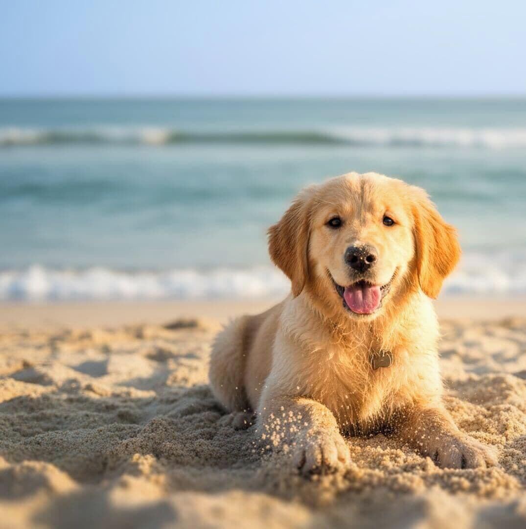 Een hond ligt op het zand in de buurt van het water.