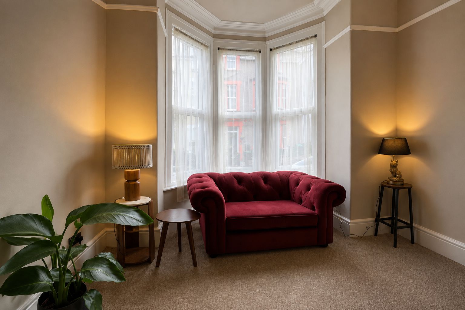 Et hjørneværelse med en rød sofa, et lille bord, en lampe og en potteplante.