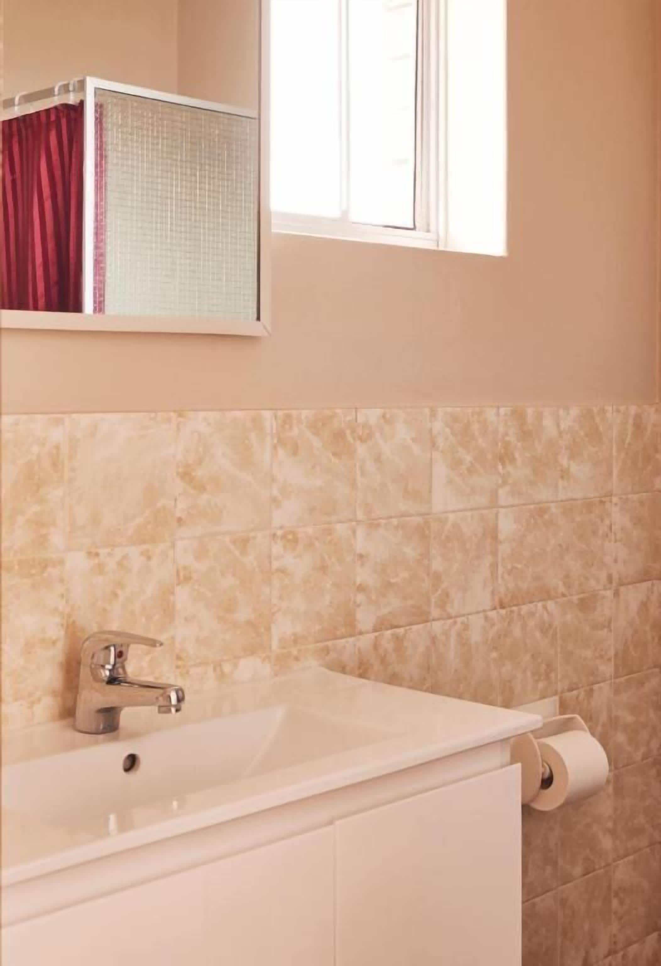 Un baño con lavamanos blanco, un espejo, toallero y dispensador de papel higiénico.