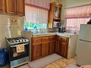A kitchen with wooden cabinets, a gas stove, a microwave, and a refrigerator. - Mammee Bay Hideaway (St. Ann Parish)
