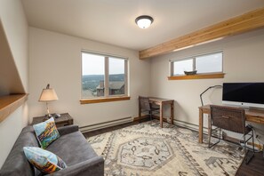 Ein gemütliches Wohnzimmer mit grauem Sofa, einem kleinen Tisch mit Lampe, einem Schreibtisch mit Stuhl, einem Fernseher und Blick auf eine bewaldete Landschaft durch die Fenster.
