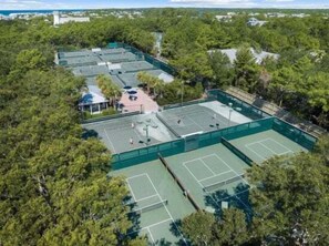 An aerial view of a tennis court complex surrounded by dense forest. - SOUTH of 30A in WaterColor on Park Row! Loaded! (Santa Rosa Beach)