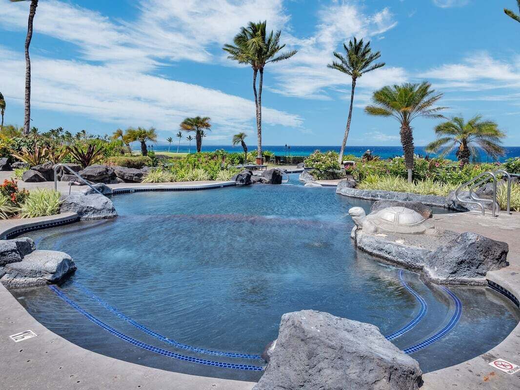 A swimming pool with a curved design, surrounded by rocks and palm trees, with a view of the ocean.