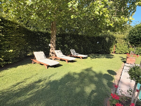 A garden with two sun loungers, a tree, and a flower bed.