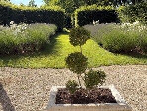 A landscaped garden with a central pathway, bordered by neatly trimmed hedges and flowering plants.