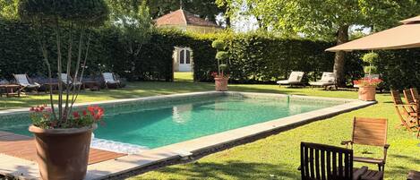 A swimming pool with a tiled deck, surrounded by grass and trees. There are lounge chairs and a potted plant.