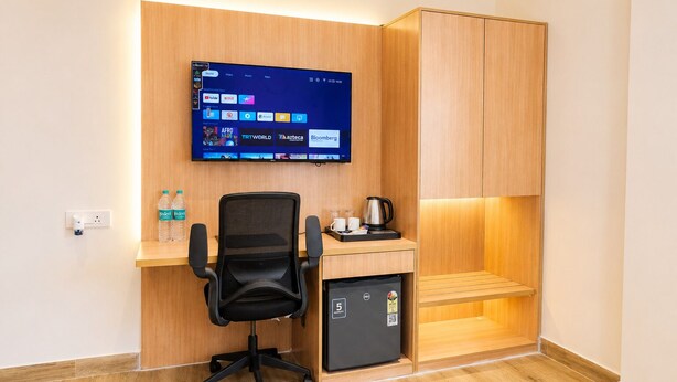 A modern office space with a desk, chair, and a mounted TV displaying streaming services.
