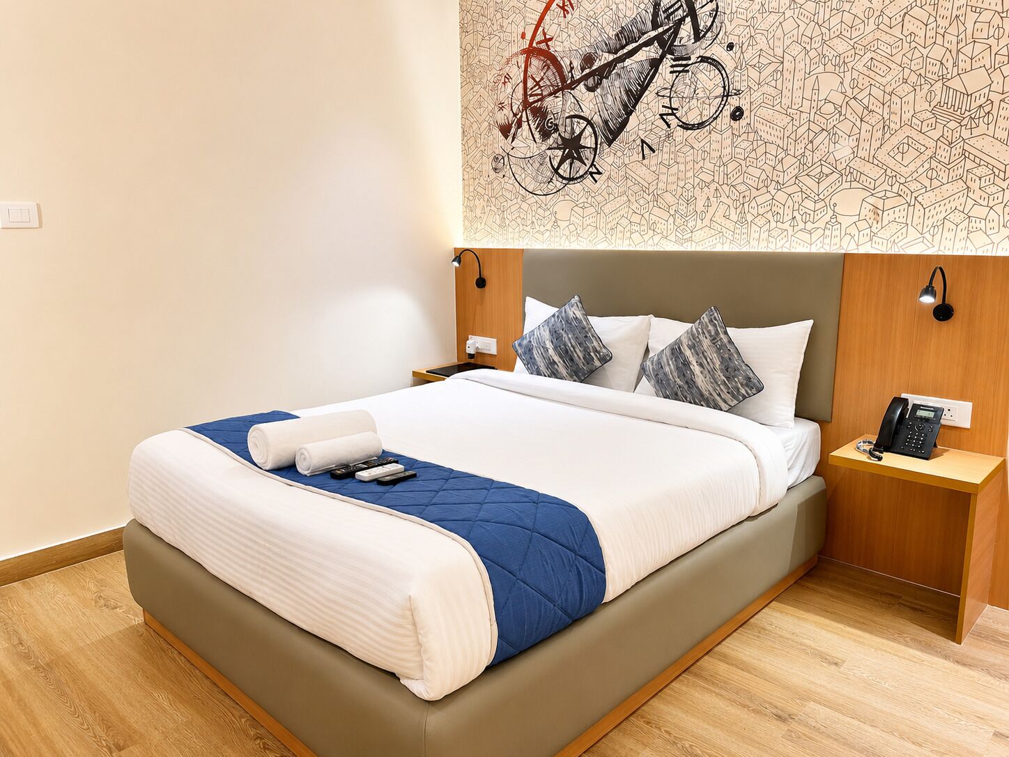 Habitación de hotel con cama, teléfono montado en la pared y una obra de arte de una bicicleta.