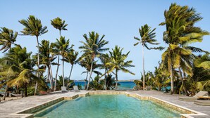 A clear pool surrounded by palm trees with a view of the ocean.