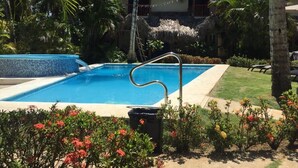 A swimming pool with a metal ladder, surrounded by tropical plants and a thatched-roof building.