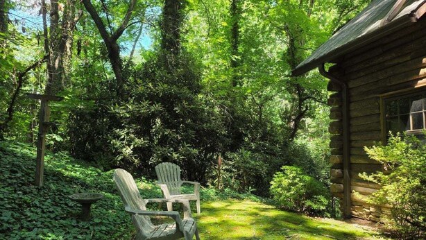 A wooden cabin surrounded by dense greenery, with a table and two chairs in the foreground. - The Haven Adjoining houses for large groups/families Lake Junaluska (Lake Junaluska)