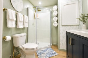 A bathroom with a toilet, a shower enclosure, and a sink with a mirror. - The Westside Hideaway with Hot Tub and Patio (Minneapolis)