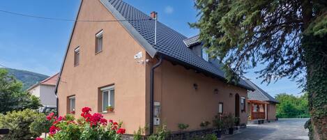 A two-story building with a sloped roof, a paved driveway, and a garden with red flowers.