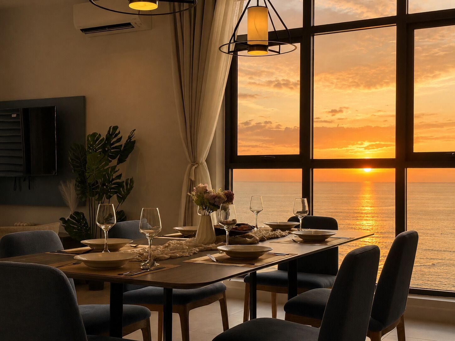 A dining area with a table set for four, large windows with a sunset view, and a plant on the left.