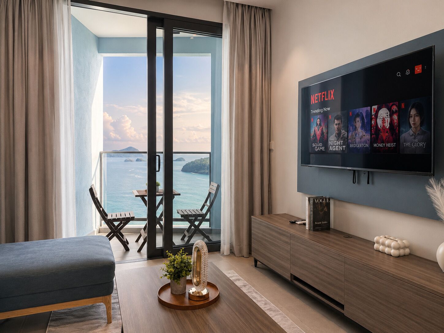 Habitación de hotel moderna con balcón, un televisor de pantalla plana mostrando contenido de Netflix, una mesa de comedor de madera y un sofá.