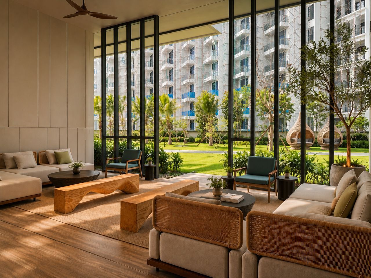 A modern living room with a sofa, coffee table, and chairs, large windows with a view of a building and greenery.