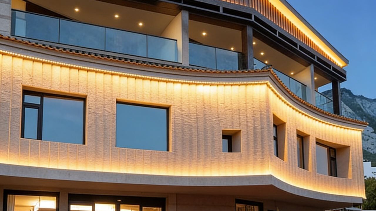 A modern building with a curved facade, large windows, and a balcony overlooking a mountainous landscape.