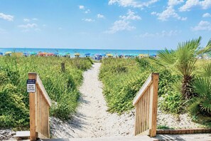 A sandy beach path leading to a beach with umbrellas and palm trees. - Fully Renovated Direct Oceanfront Corner Unit Perfect for Family Gateway (Myrtle Beach)
